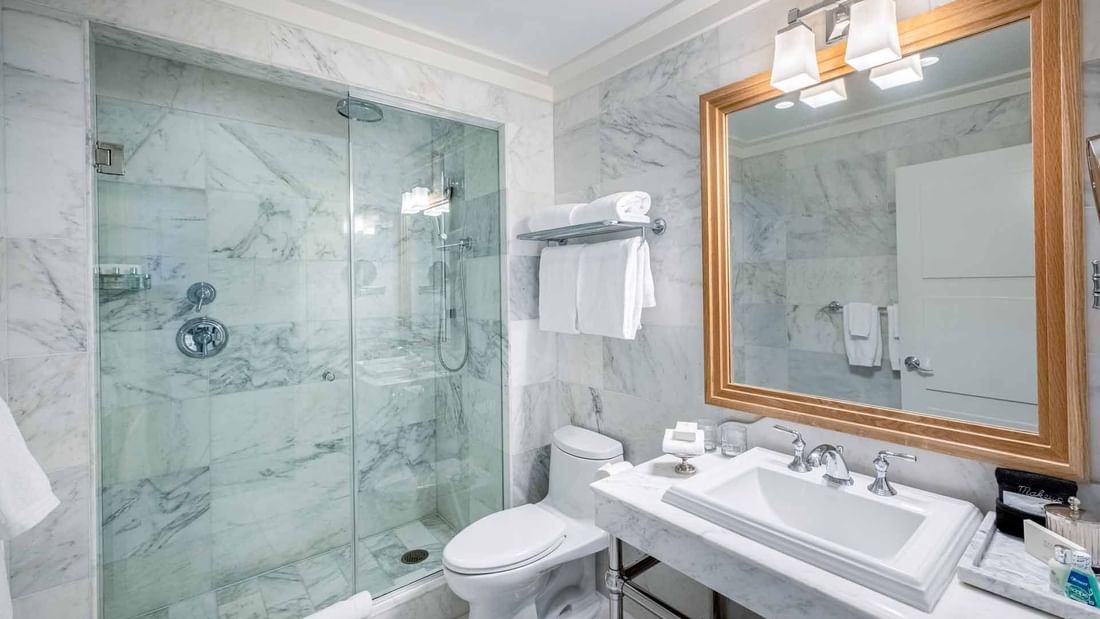 Deluxe Queen bathroom featuring a walk-in glass shower and modern amenities at El Prado Hotel