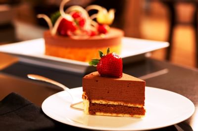 Closeup of a piece of a Chocolate cake at Goodwood Hotel