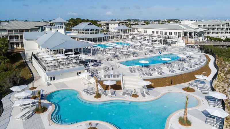 Aerial view of loungers by the outdoor pool at WaterColor Inn
