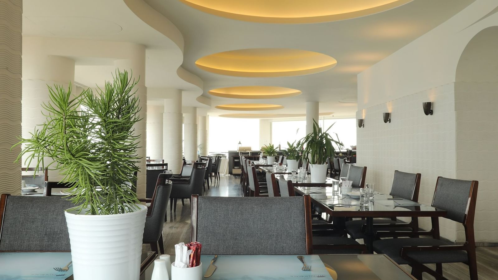 Dining area with plants by tables under round lights, surrounding grey chairs in Lobby Area at Warwick Palm Beach Hotel