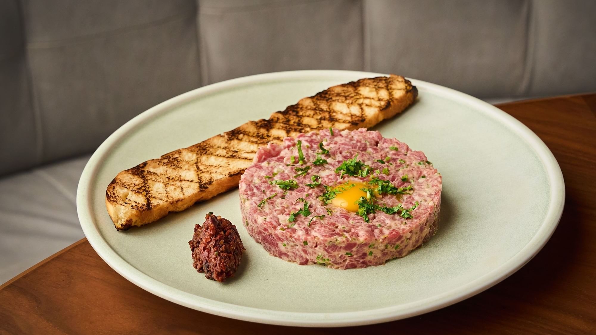 Steak tartare served in Pacific Groove Restaurant & Lounge at Paramount Hotel Dubai