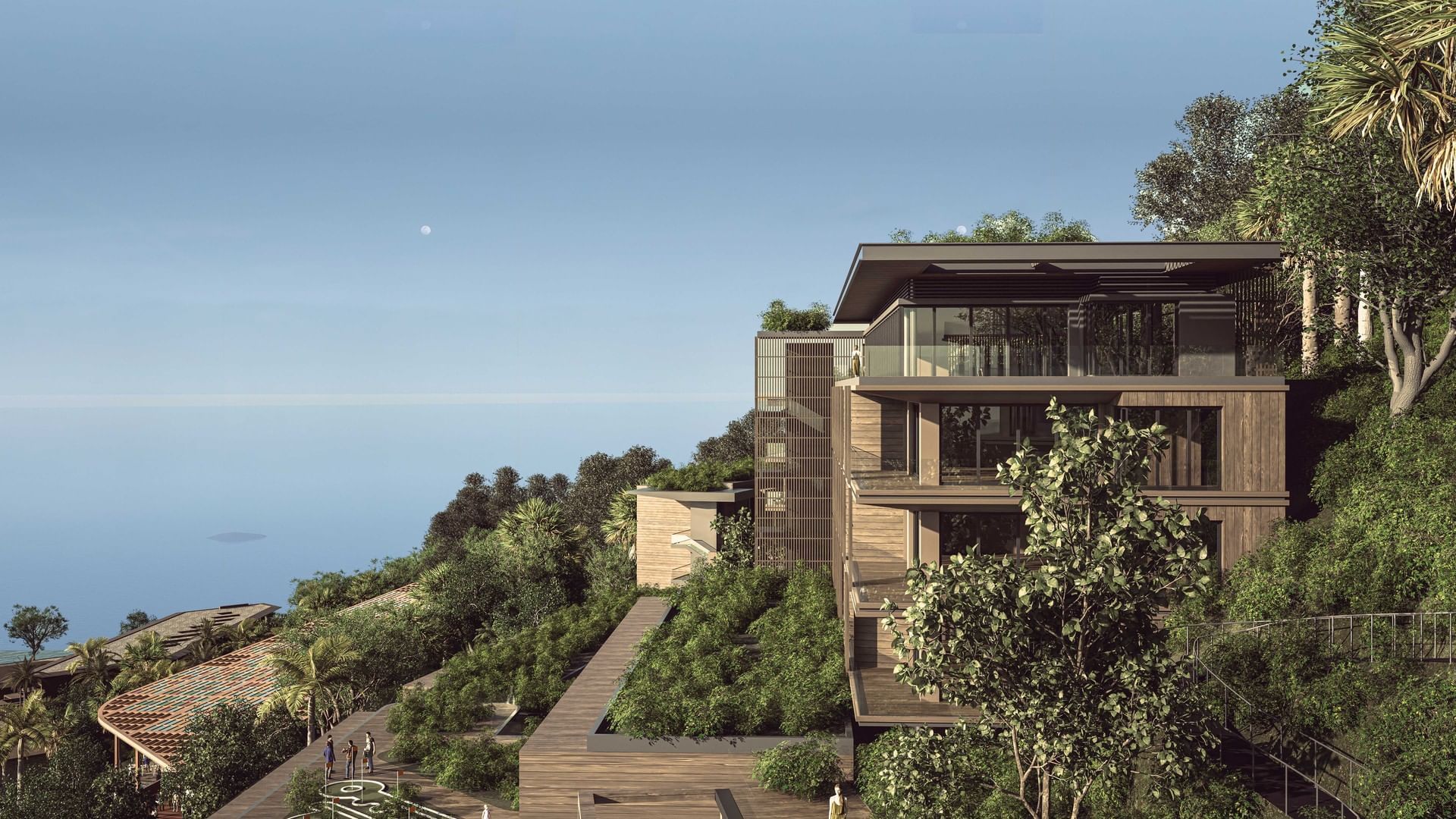 Hillside Sunset Residence at A'ila Residences, with a modern, slatted facade and a stunning ocean view