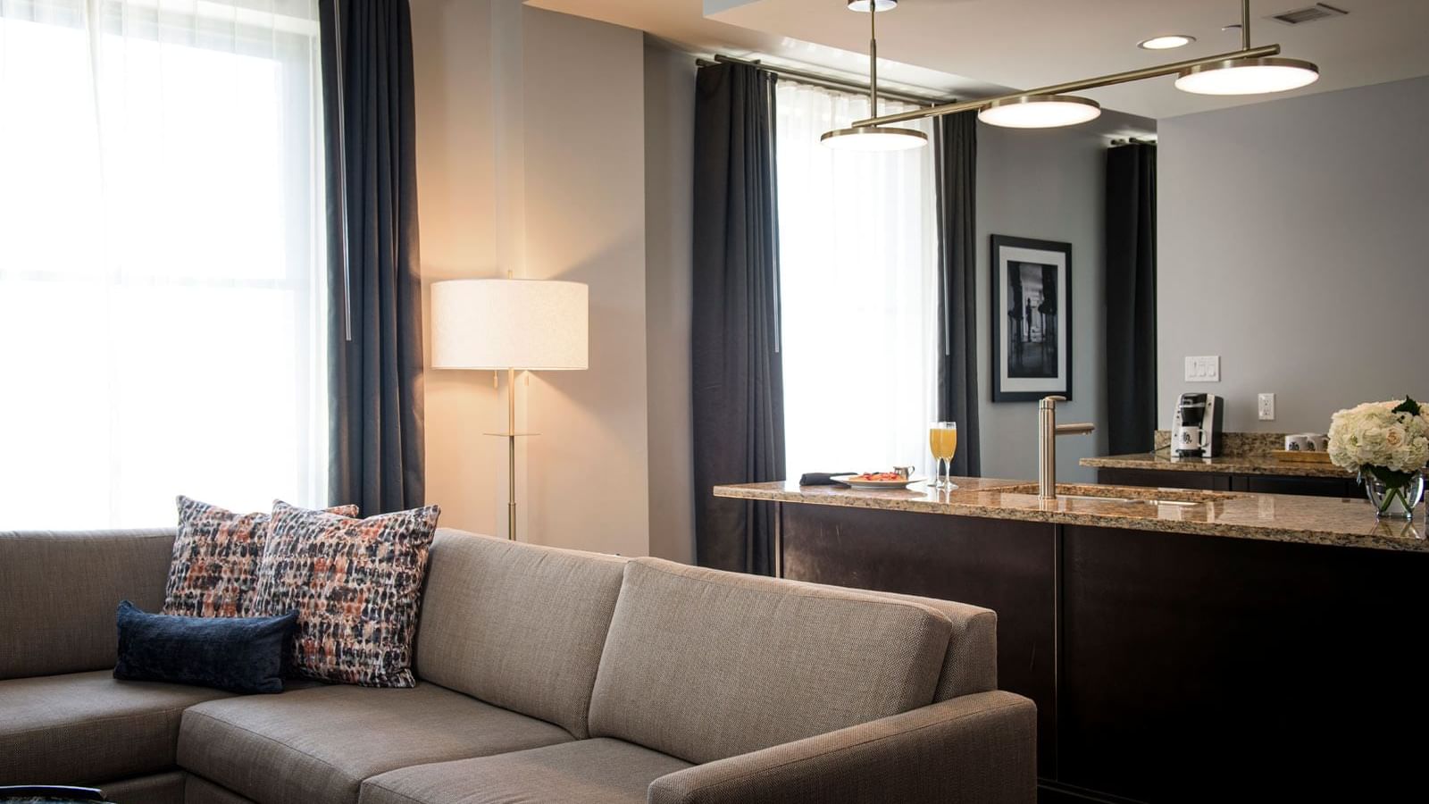 Living area & pantry in Signature Suite at The Mayo Hotel