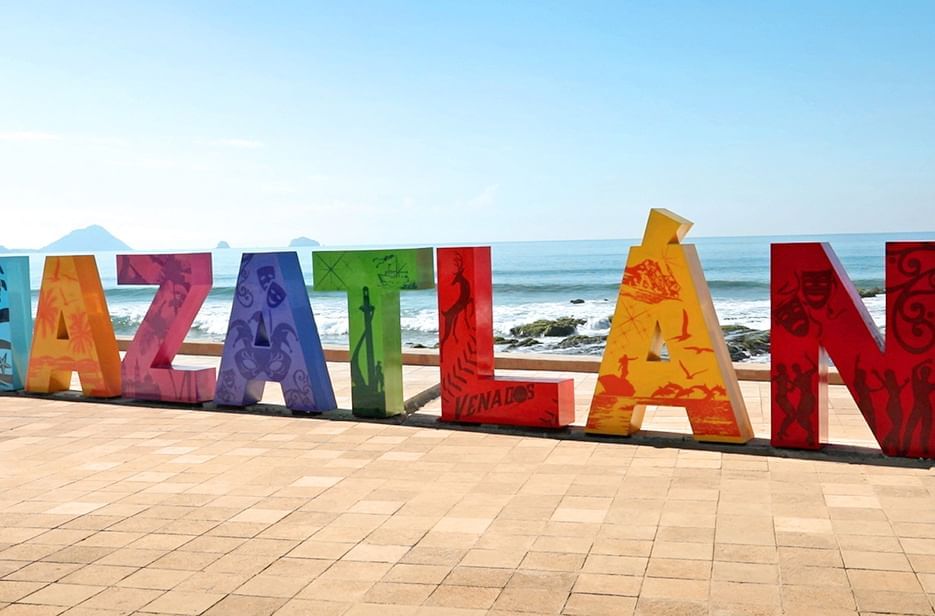 Mazatlan letter sign with ocean view at Viaggio Resort Mazatlan