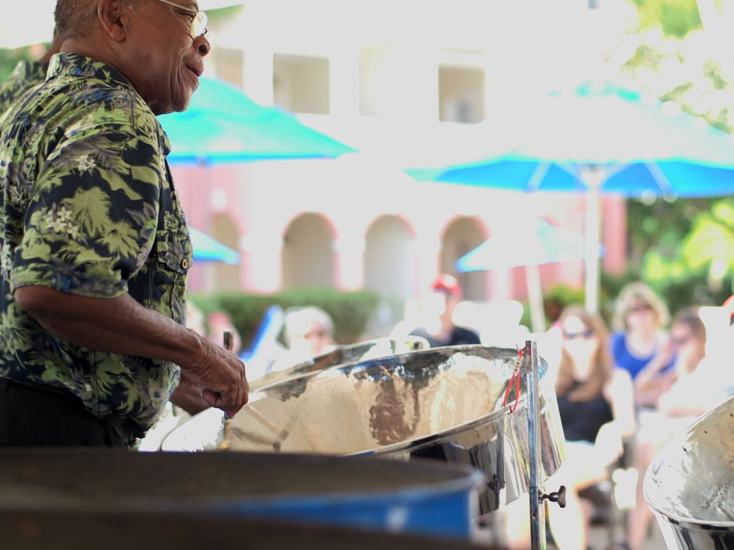 Man playing an instrument at Southern Palms Beach Club