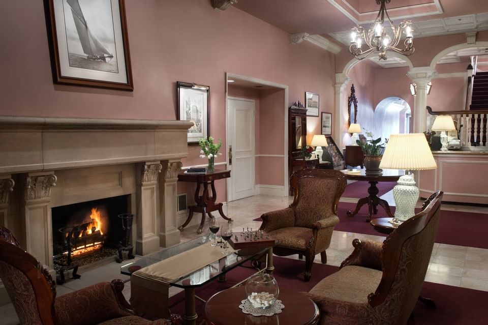 Lobby with fireplace at The Monterey Hotel