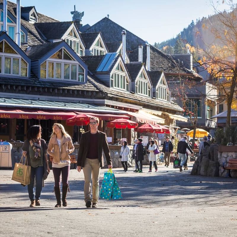 People shopping in Village Square Whistler near Blackcomb Springs Suites