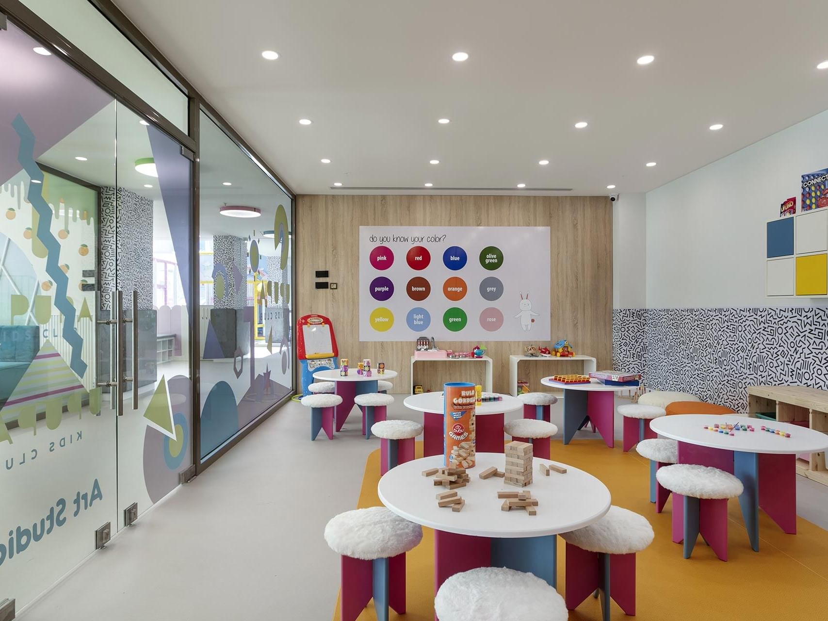 Upupa Kids Club with tables, stools and educational wall decor at Cullinan Belek