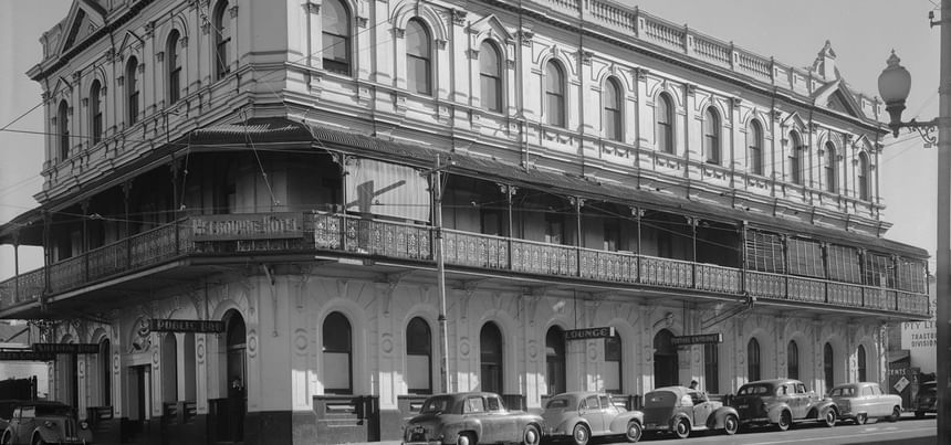 Black & white vintage image of the hotel at Melbourne Hotel Perth