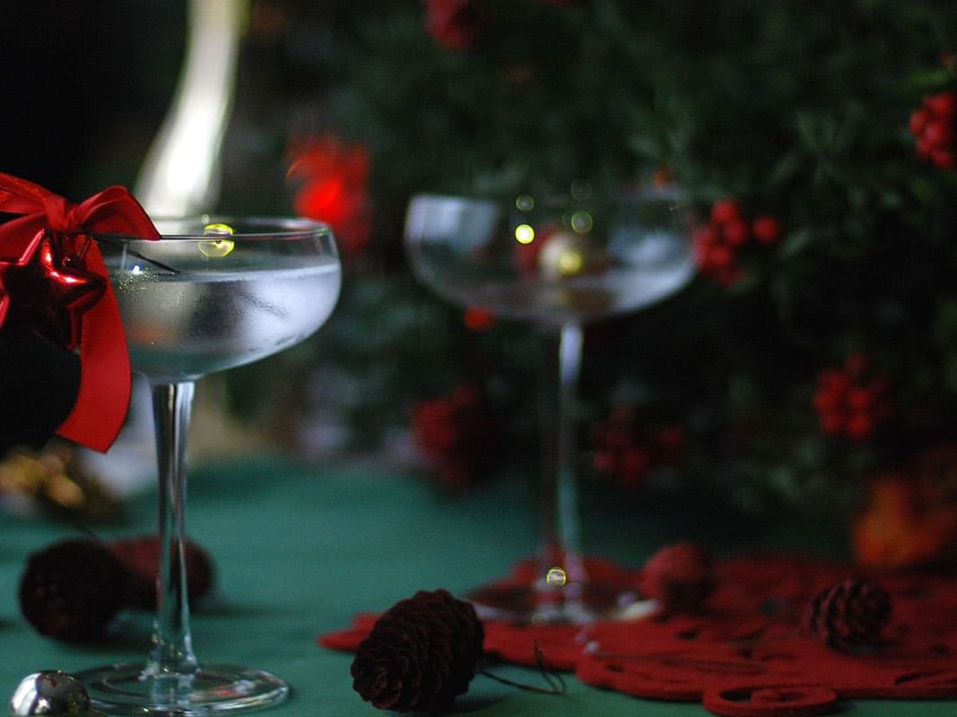 Close-up of Christmas decors & wine glasses at Pullman Cairns