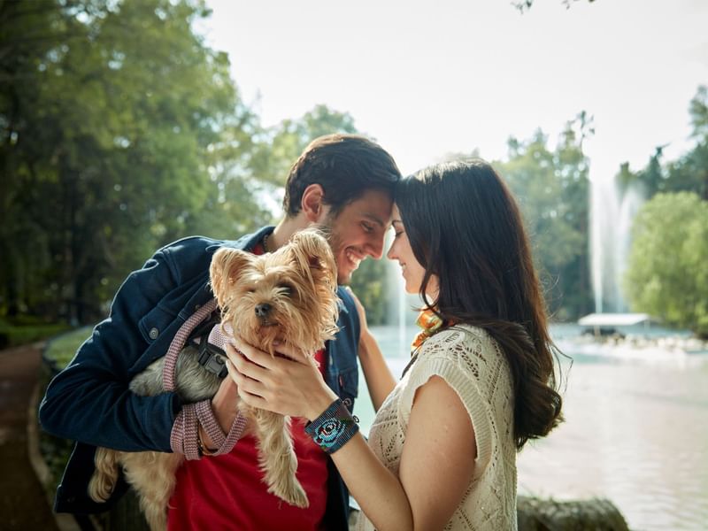 Couple holding a small dog with a fountain in the background at Grand Fiesta Americana