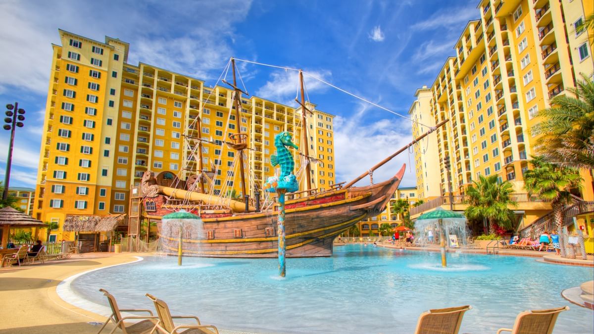 Pirate ship centerpiece by the pool area at Lake Buena Vista Resort Village & Spa
