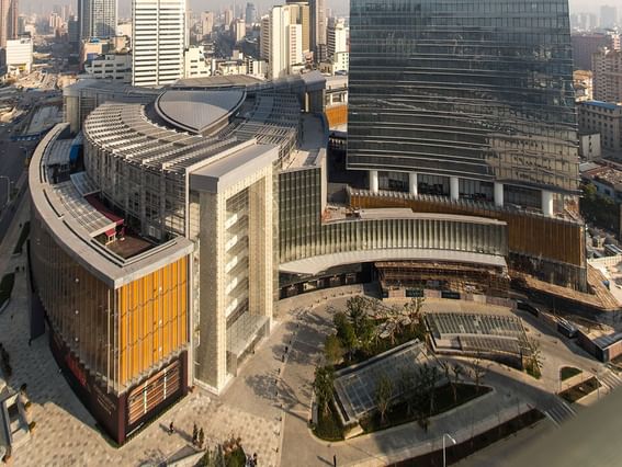 Aerial view of the Wuxi City with buildings on a sunny day near Grand Park Wuxi