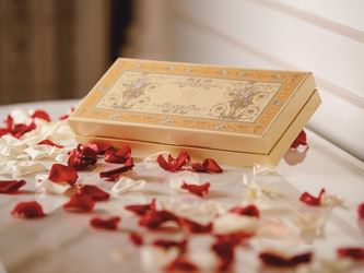 Close-up of gift box & petals at Palazzo Versace Dubai