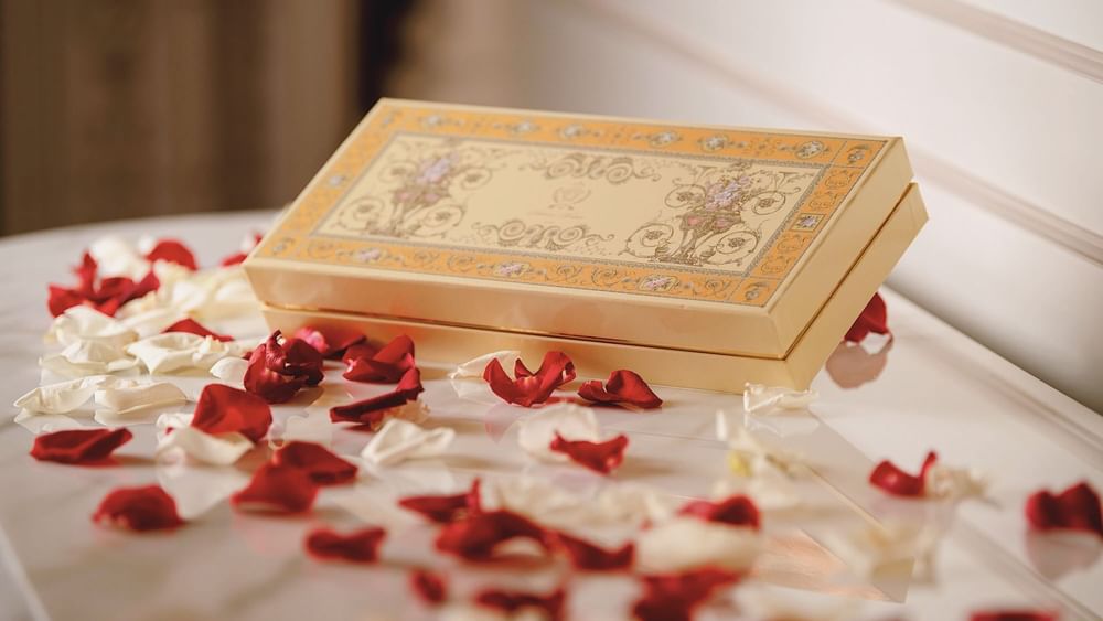 Close-up of gift box & petals at Palazzo Versace Dubai