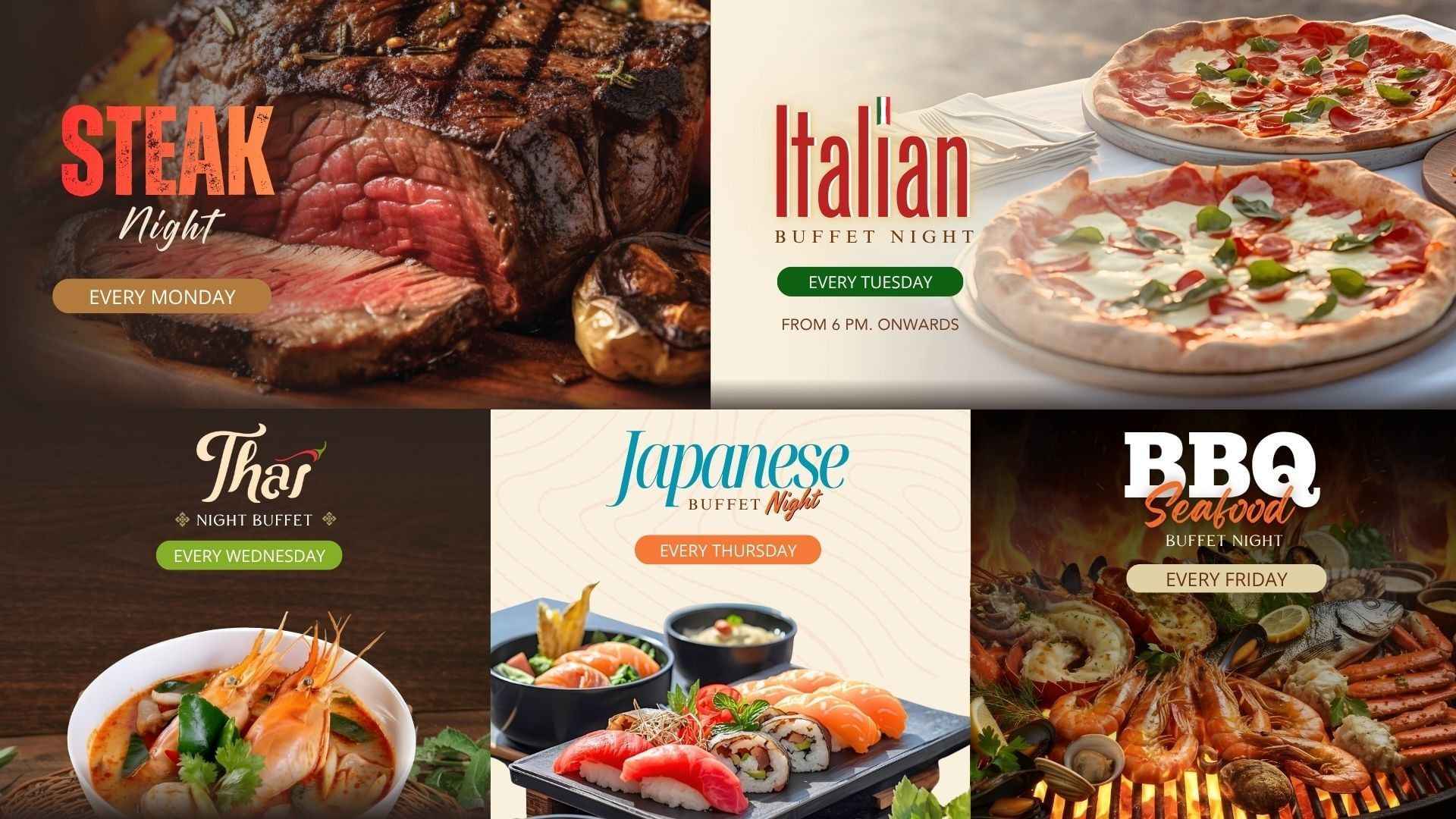 Series of restaurant flyer templates advertising different themed buffet nights at Amora Beach Resort Phuket