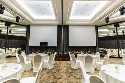 Table setup in a Meetings & Events Hall at Goodwood Park Hotel