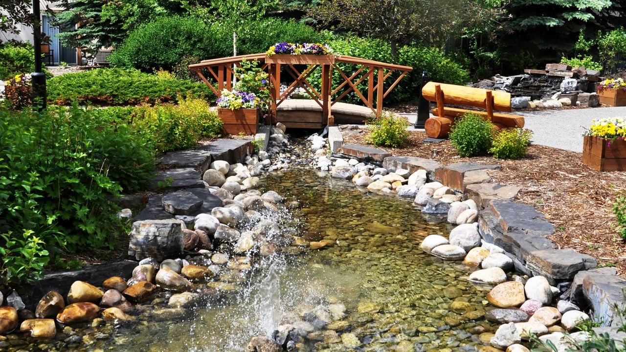 A serene garden pond with a wooden bridge and vibrant flowers.