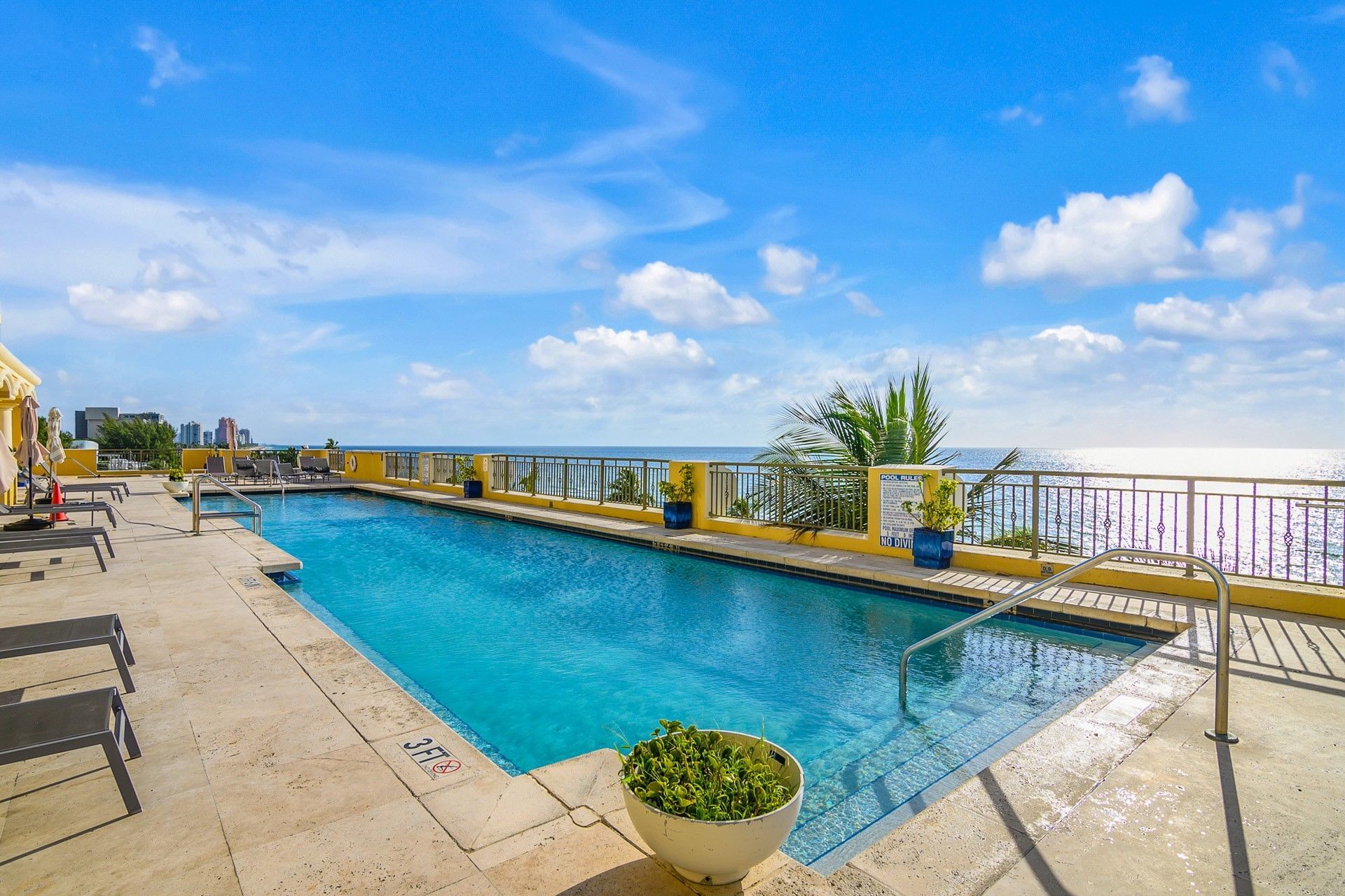 A rooftop pool with a view of the ocean