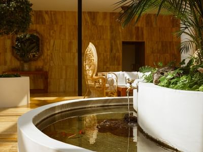 Circular water feature with fish, surrounded by greenery, and adjacent to a bamboo chair and sofa.