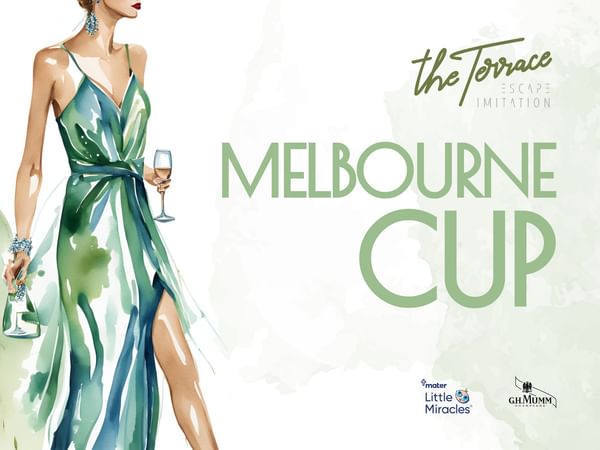 Lady in Green and Blue dress in water colour promoting Melbourne Cup 