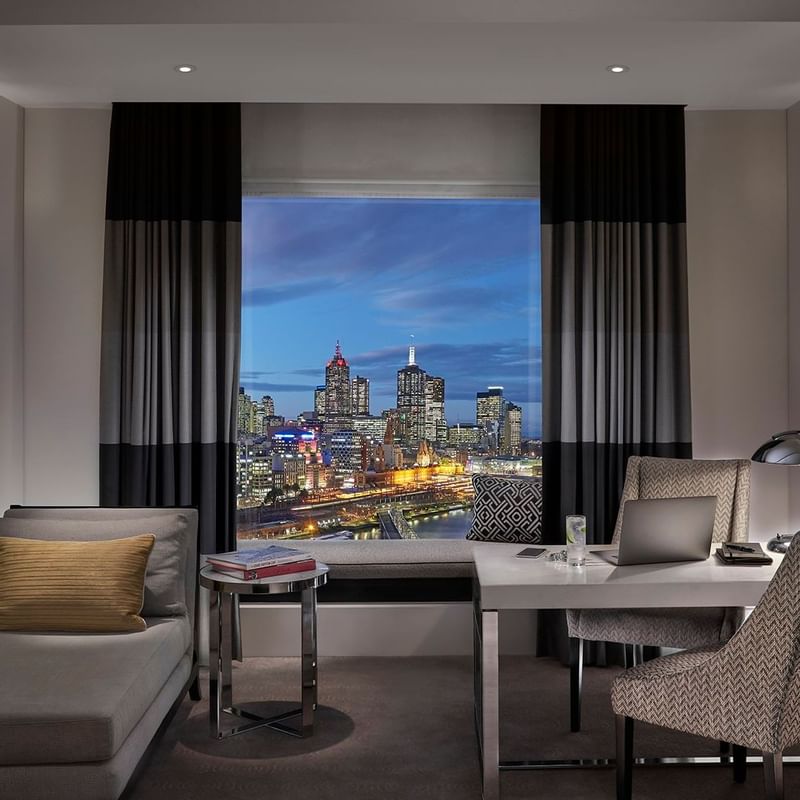 Lounge & workspace with a city view at Crown Hotel Melbourne
