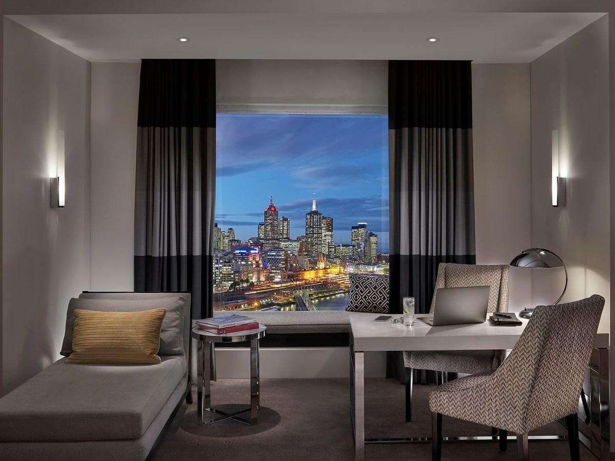 Lounge & workspace with a city view at Crown Hotel Melbourne