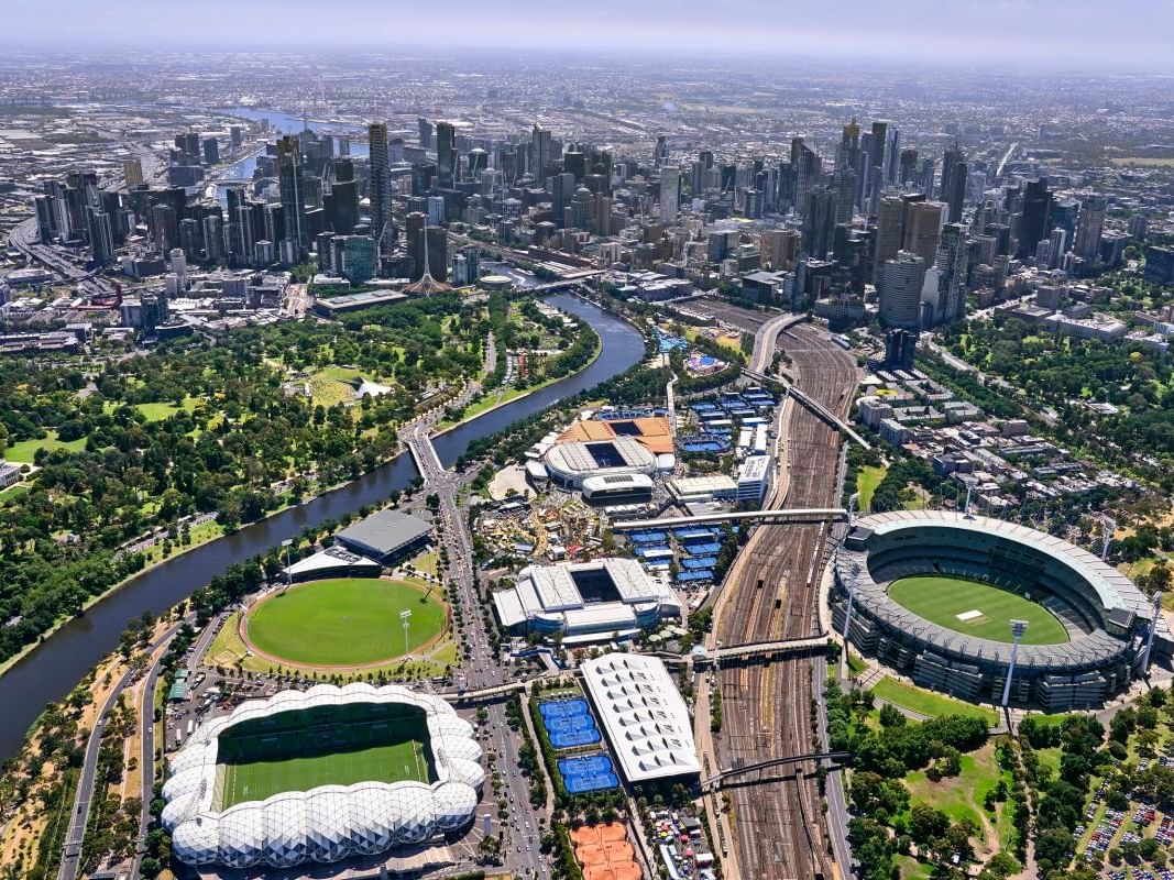 Aerial view of Melbourne & Olympic Parks near Quay West Suites Melbourne