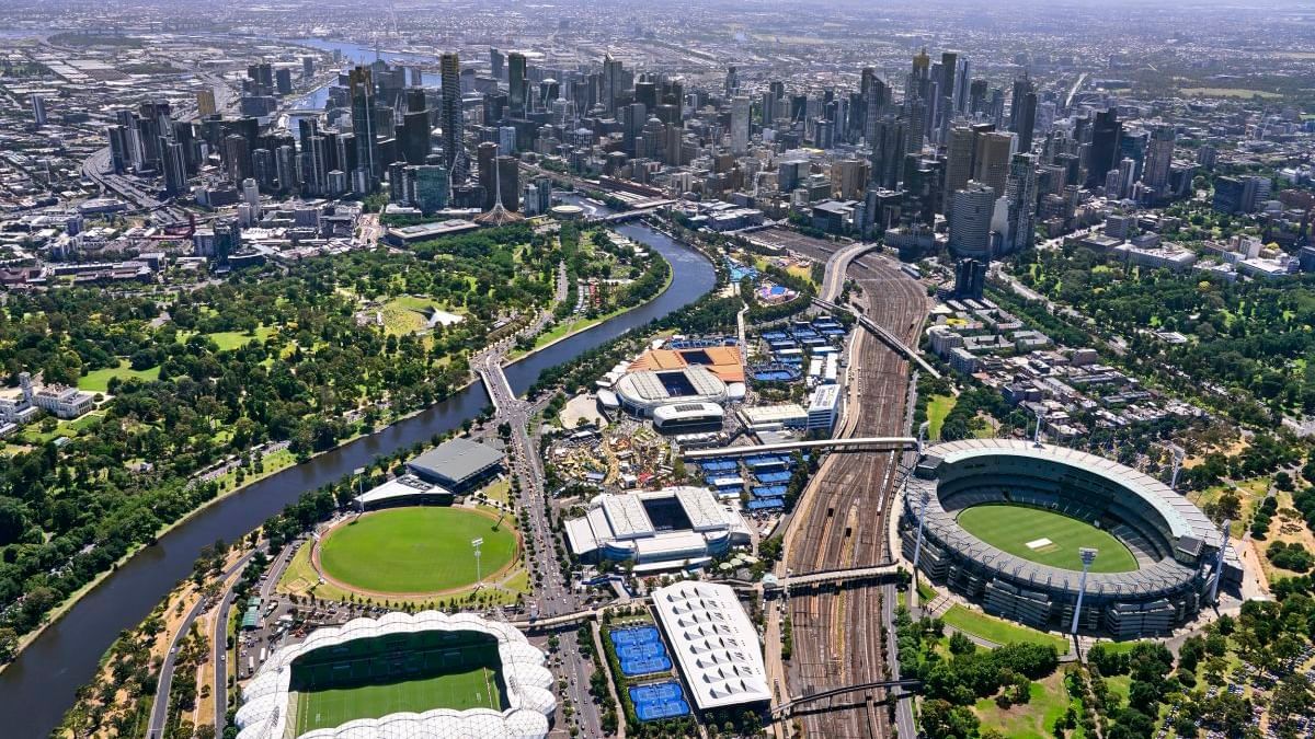 Aerial view of Melbourne & Olympic Parks near Quay West Suites Melbourne