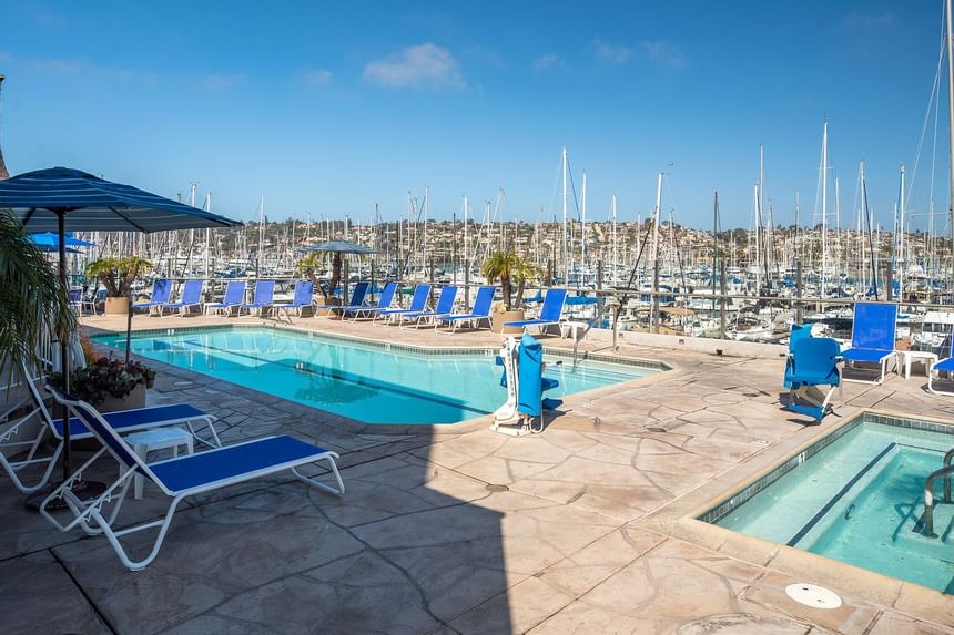 Outdoor pool & hot tub next to San Diego bay at Bay Club Hotel
