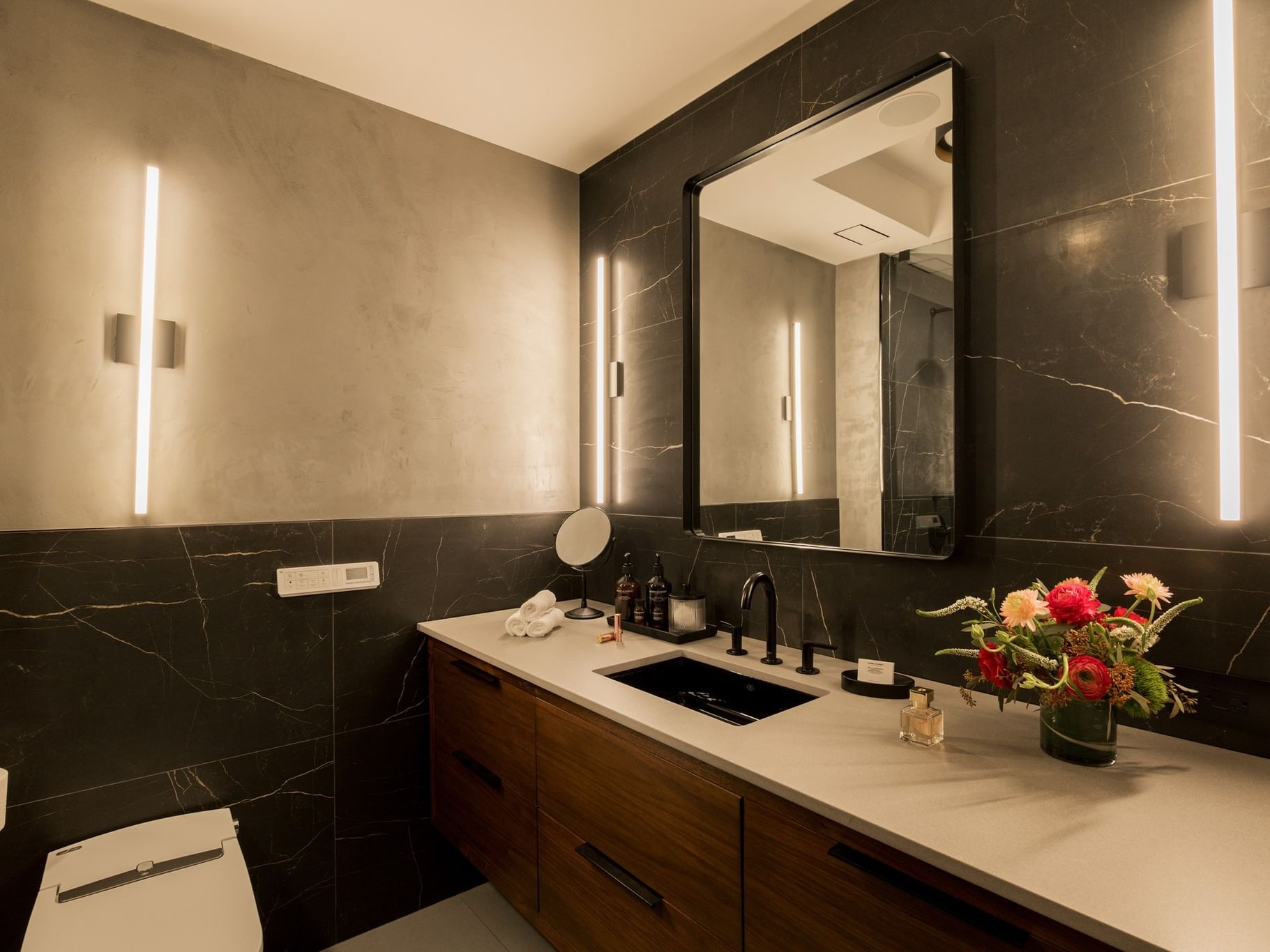 Gansevoort Meatpacking Duplex Penthouse Designed by Poliform. Upstairs full bathroom with steam shower and Toto Washlet.