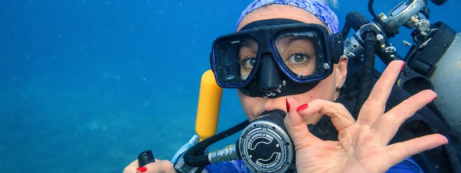 Diver underwater with snorkeling gear and scuba tank, making peace sign at Warwick Le Lagon - Vanuatu, Efate