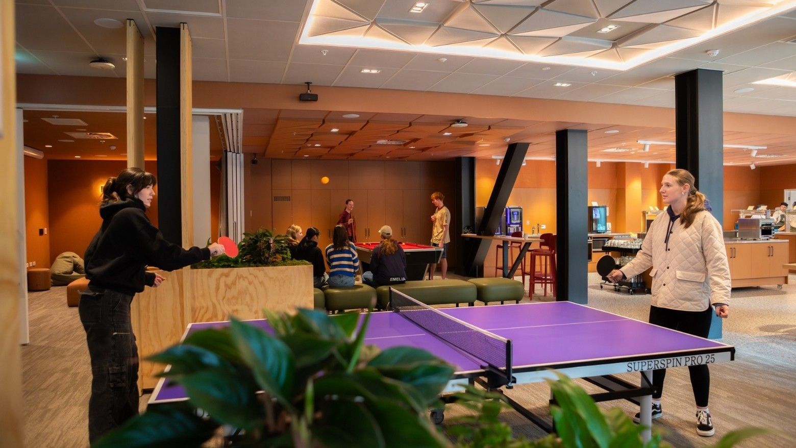 Guests playing table tennis in a modern recreation area with pool table and lounge seating at Tupuārangi