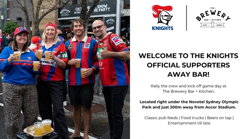 Sports fans in team jerseys holding drinks outside The Brewery Bar + Kitchen at Novotel Sydney Olympic Park