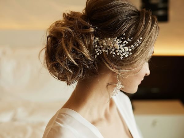 Close-up of a bridal hairstyle at Warwick Melrose Dallas