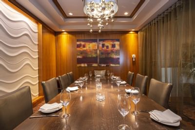 Long dining table in restaurant