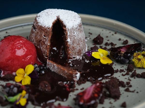 Close-up of a Chocolate Fondant dessert at The Capital Hotel London