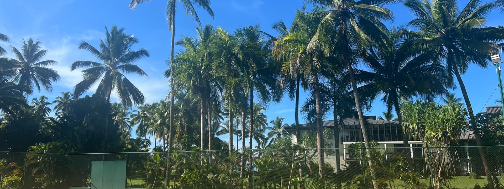 Tennis courts surrounded by lush greenery and palm trees at Warwick Fiji Resort and Spa in Korolevu