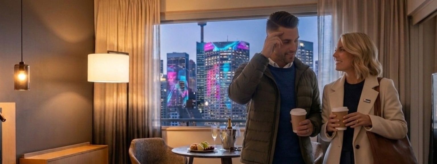 Couple staying in Novotel Sydney Darling Harbour about to go out and explore Darling Harbour