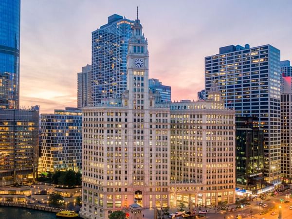 Exterior of Wrigley Building near at Godfrey Hotel Chicago