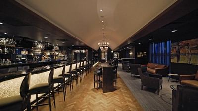 a long bar area with stools, chairs, and couches