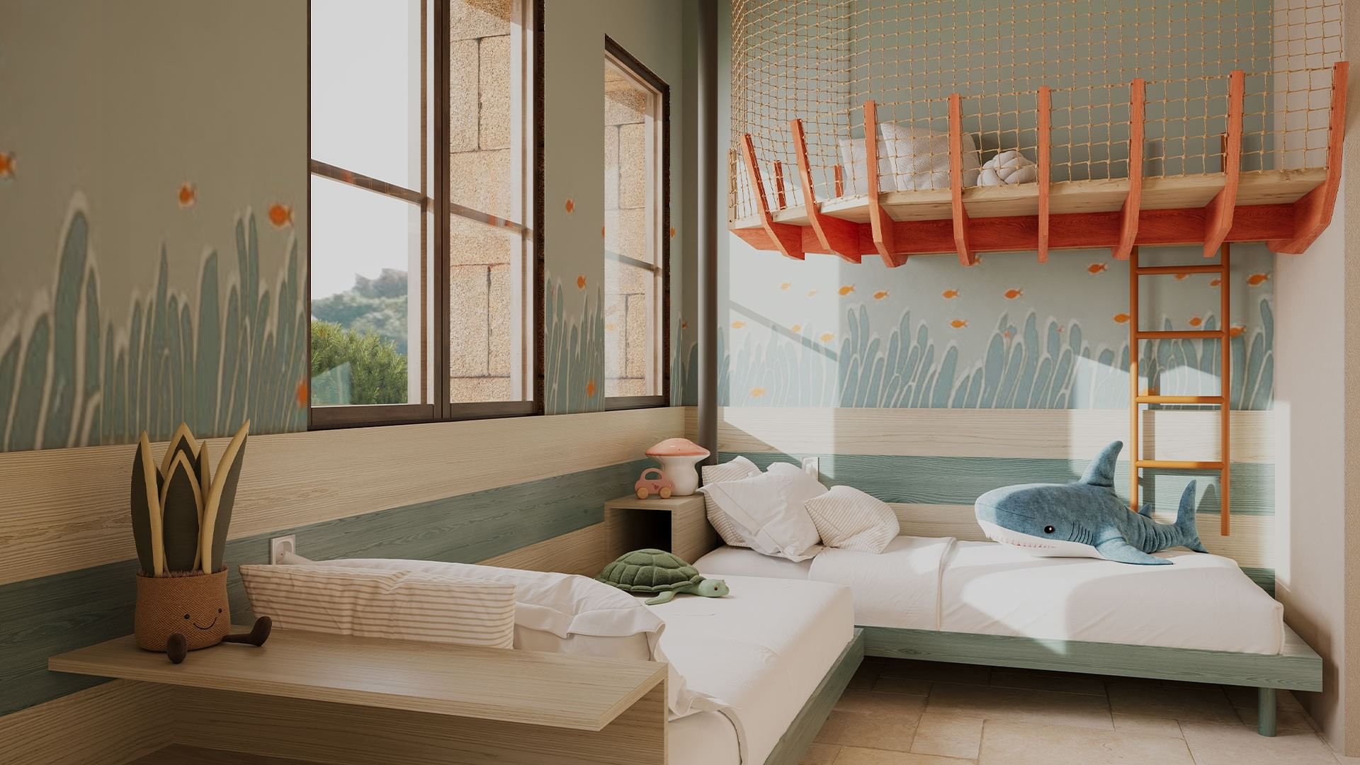 Camera per bambini con due letti singoli, una rete sospesa e decorazioni marine sulle pareti.