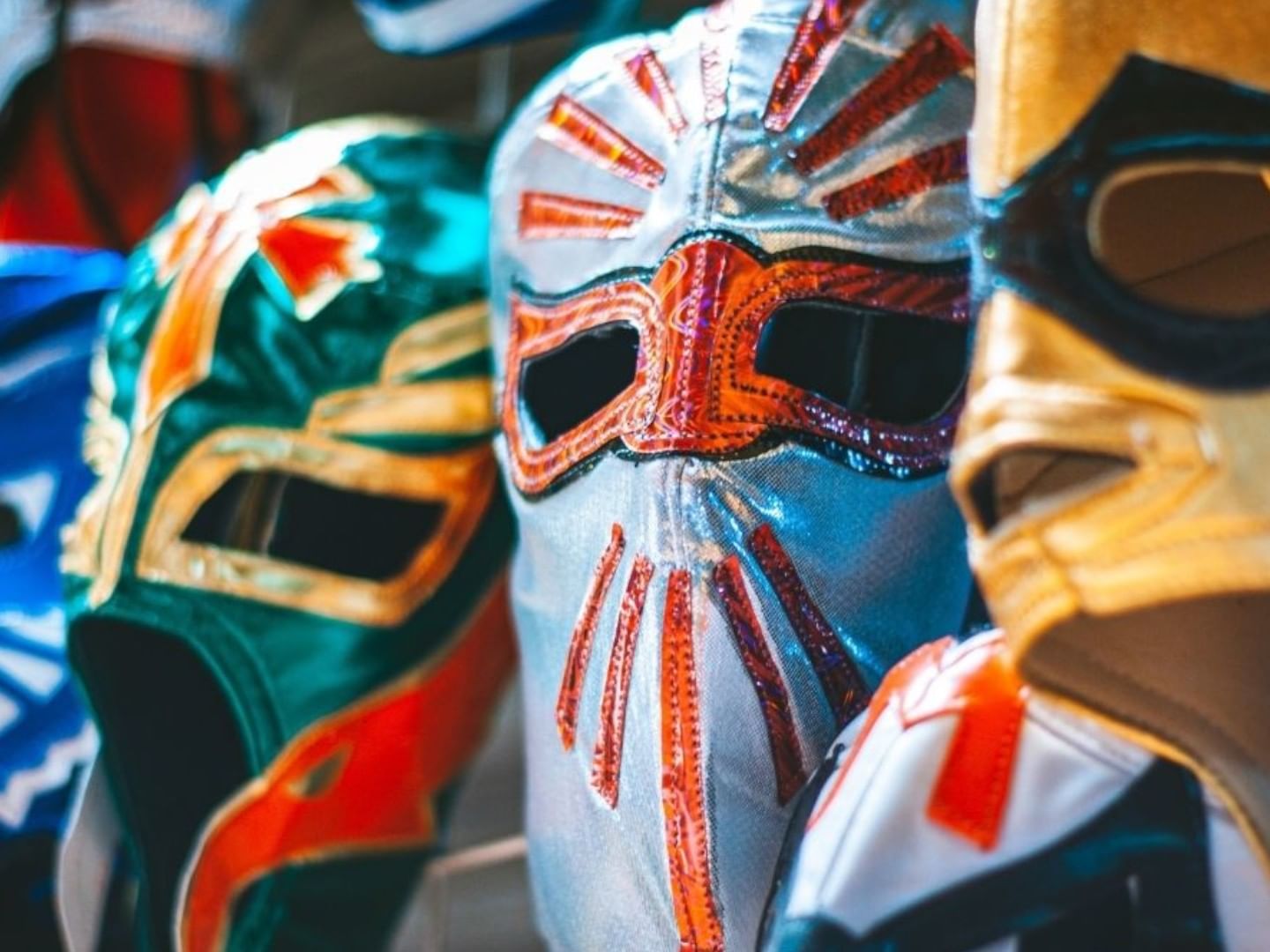 Colorful Lucha Libre wrestling masks on display in Mexican Wrestling Museum near Real Inn Tijuana