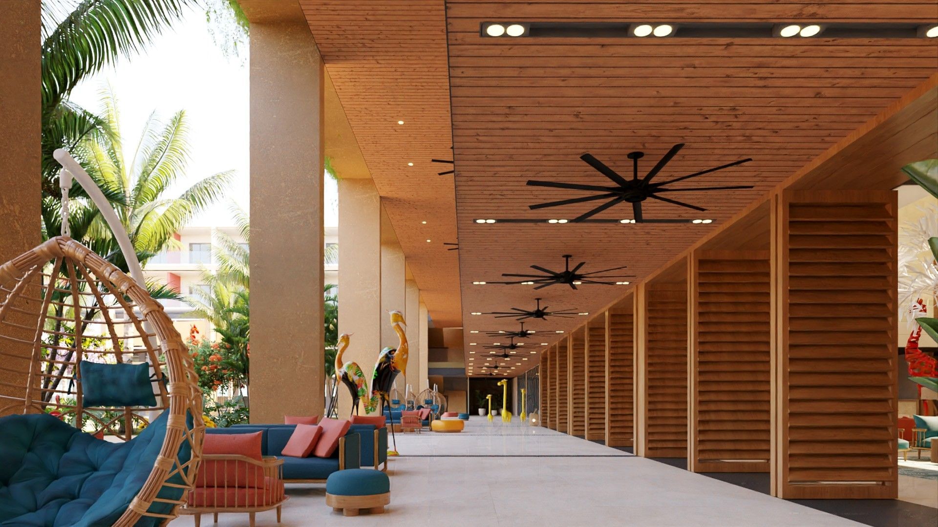 Largo pasillo exterior en Fiesta Americana Funeeq con techos de madera, ventiladores grandes y sillones modernos
