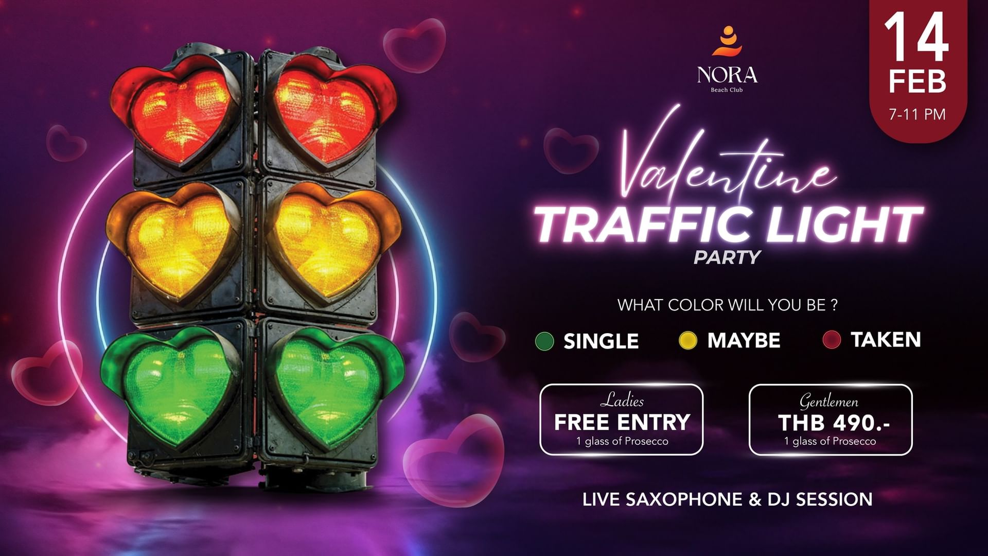 Poster for Valentine's Traffic Light Party hosted by NORA Beach Club used at the Amora Beach Resort Phuket
