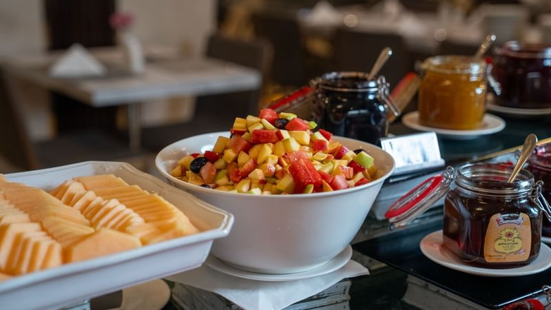 Assorted fruits and jams for daily breakfast at Al Firdous at Saja by Warwick Madinah.