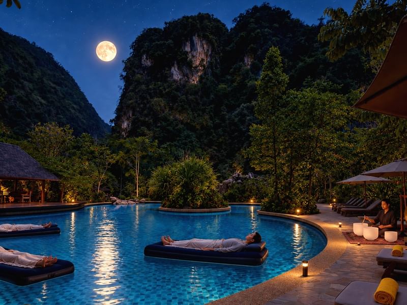 Full moon sound bath guests floating on pool surrounded by lush mountains at The Banjaran Hotsprings Retreat