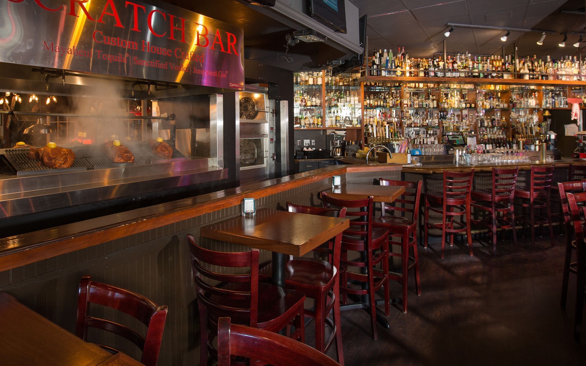 Dining tables and bar in restaurant