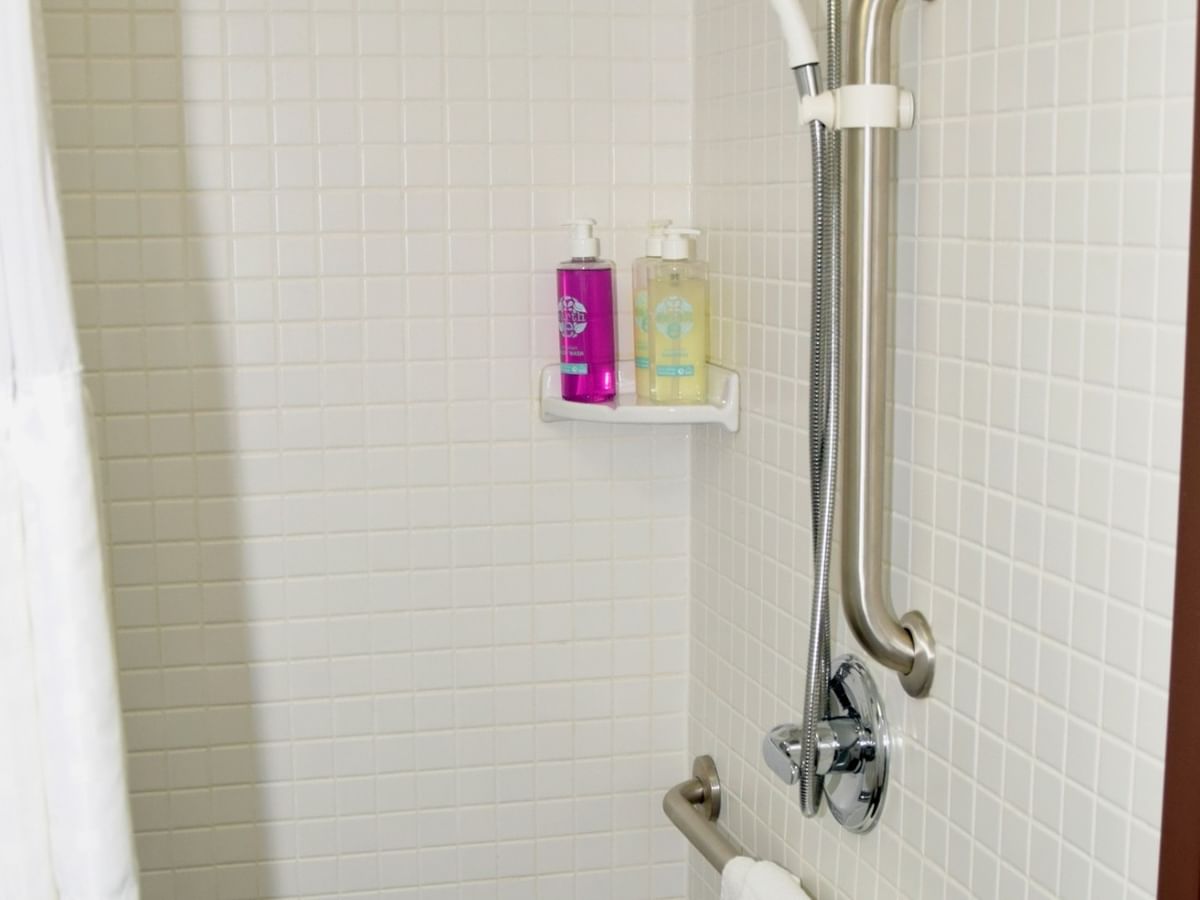 Accessible bathroom with soap and grab bar.