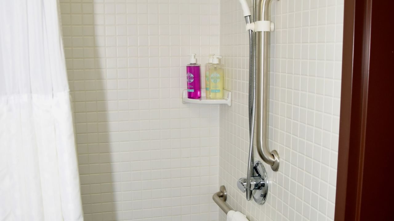Accessible bathroom with soap and grab bar.